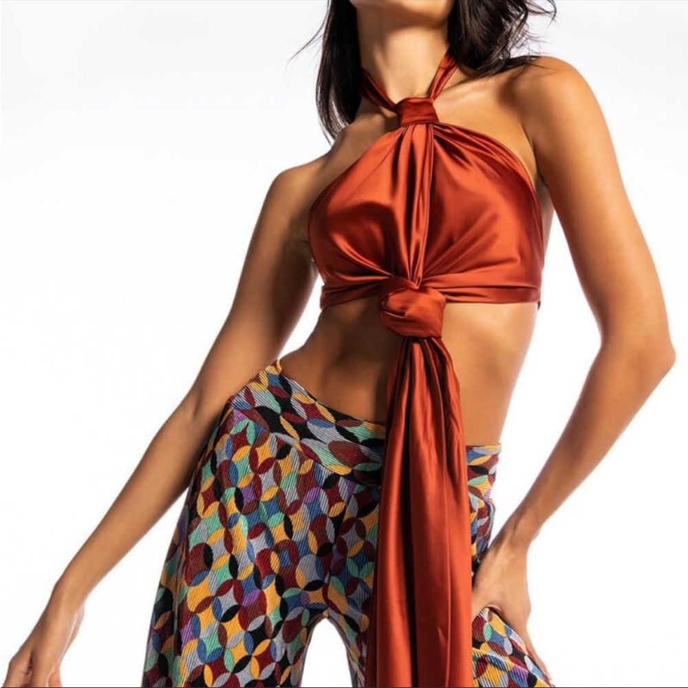 Callie Copper Tone: Shoulders Out Tied & Knotted Satin Apron Halter Top